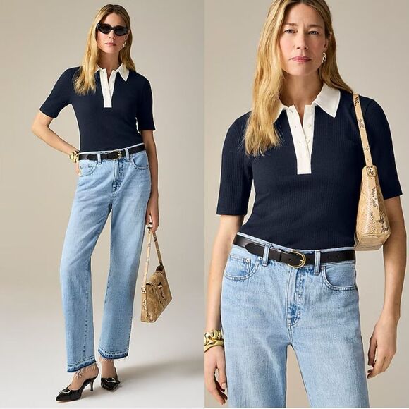 NWT J CREW Premium rib short-sleeve polo shirt in dark navy - Picture 1 of 7